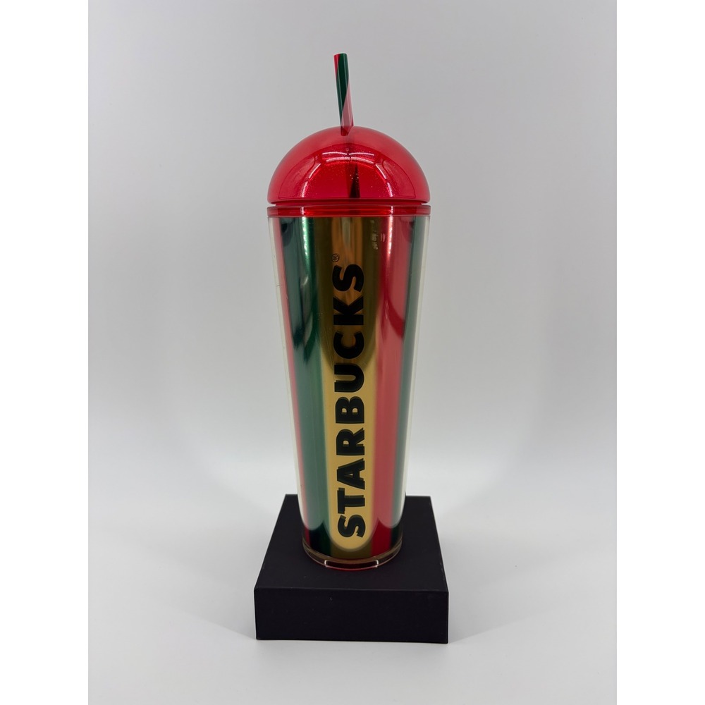 Starbucks 24oz Red Green Gold Striped Limited‎ Edition Holiday Dome Lid Cold Cup